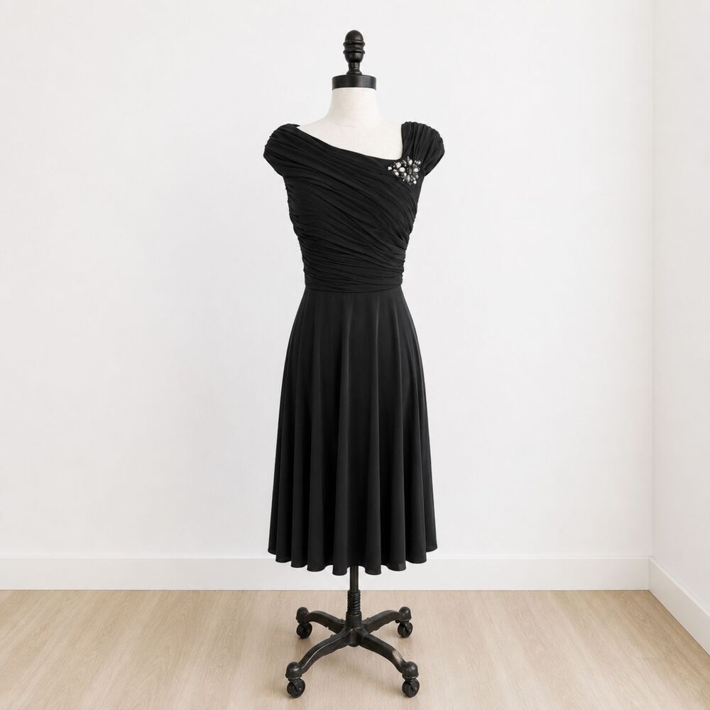 DressBarn Collection Y2K Black Ruched One Shoulder Cocktail Dress Beaded Size 6